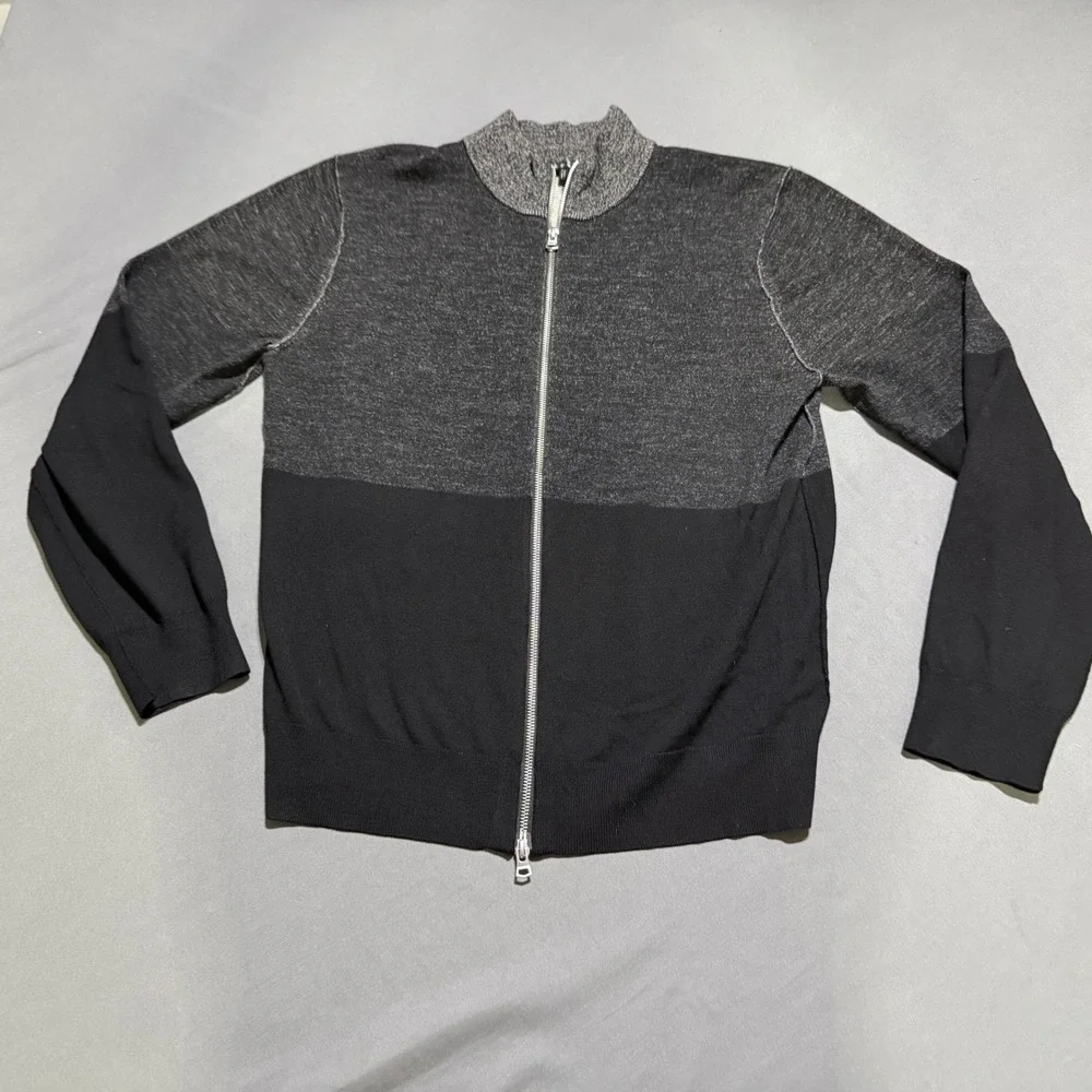 Theory Full Zip Cardigan Mens XL Black Gray Wool Blend Colorblock Sweater